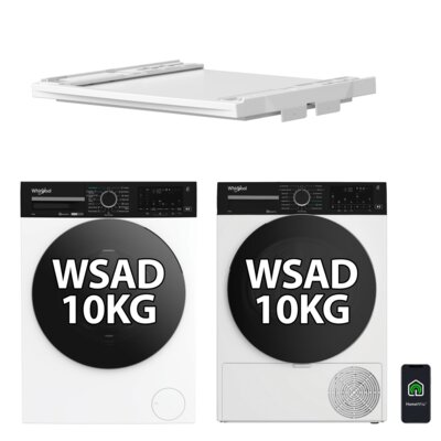 Pralka WHIRLPOOL S4 WPM07WADSEE 10kg 55.3cm 1400obr AI AdaptiveWash Sterowanie smartfonem + Suszarka WHIRLPOOL WPC10XWBSEE 10kg AI AdaptiveDry 6. Zmysł HomeWhiz + Łącznik do pralki i suszarki BEKO PCSKW Biały z wysuwaną półką na pranie