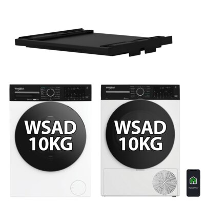 Pralka WHIRLPOOL S4 WPM07WADSEE 10kg 55.3cm 1400obr AI AdaptiveWash Sterowanie smartfonem + Suszarka WHIRLPOOL WPC10XWBSEE 10kg AI AdaptiveDry 6. Zmysł HomeWhiz + Łącznik do pralki i suszarki BEKO PCSKB PIANO BLACK z wysuwaną półką na pranie