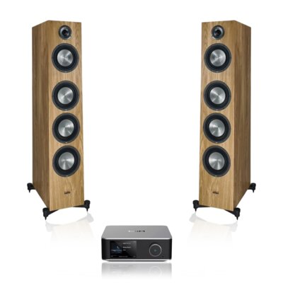 Wzmacniacz zintegrowany/Streamer/Odtwarzacz sieciowy WIIM ULTRA AMP Srebrny, Wi-Fi 6E, Hi-Res Audio, HDMI ARC, Dolby Digital + 2 x Kolumna głośnikowa TAGA HARMONY Platinium F-120 V.4 Dąb (1 szt.)