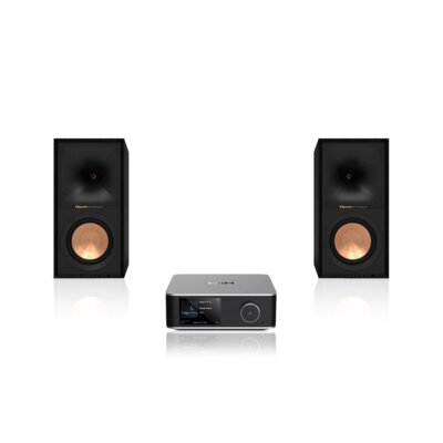Wzmacniacz WIIM Utra Amp Srebrny + Podstawkowe kolumny głośnikowe KLIPSCH R-50M Czarne (2 szt.), Obudowa MDF, Typ Bass Reflex, Membrana TCP w kolorze miedzi