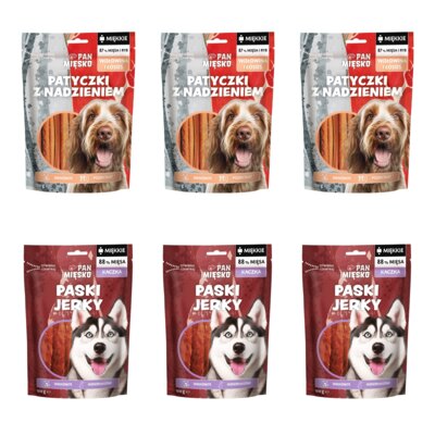 Przysmak dla psa PAN MIĘSKO Patyczki z nadzieniem Wołowina i łosoś 3 x 100 g + Przysmak dla psa PAN MIĘSKO Paski Jerky Kaczka 3 x 100 g