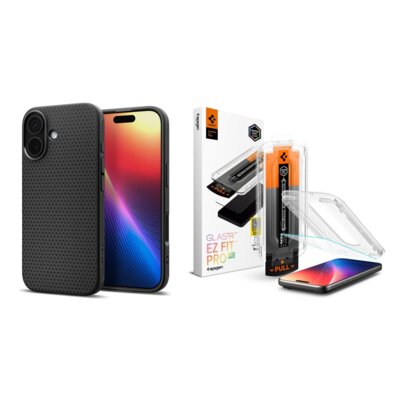 Etui SPIGEN Liquid Air do Apple iPhone 17 Czarny Matowy + Szkło hartowane SPIGEN Glas.TR EZ Fit Pro do Apple iPhone 16 Pro/17/17 Pro Przezroczysty