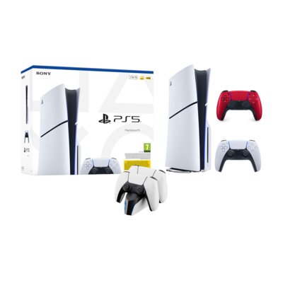 Konsola SONY PlayStation 5 Slim E-chassis + Stacja ładująca MAD DOG GPC500 Biały do gamepadów PlayStation 5/PS5 + Kontroler SONY DualSense Wulkaniczna czerwień