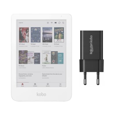 Czytnik e-booków KOBO Clara Colour 6", Podświetlany ekran, Wi-Fi, Bez reklam Biały + Ładowarka sieciowa KOBO AC-ADAPTER-EU 10W Czarny