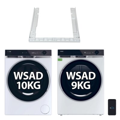 Pralka HAIER X11 HW100-B14397EU1S + Suszarka HAIER X11 HD90-BQ397U1-S z pompą ciepła 9 kg I-Refresh Pro Ultra Reverse Drum hOn Woolmark Green + Łącznik do pralek i suszarek HAIER HASTKXSE Biały X Series