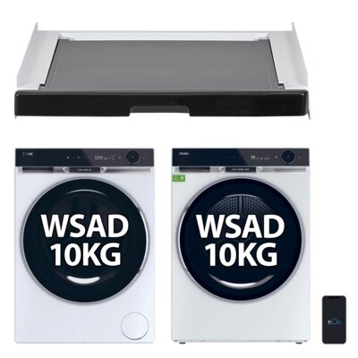 Pralka HAIER X11 HW100-B14397EU1S + Suszarka HAIER X11 HD100-A3Q397U1-S z pompą ciepła 10 kg I-Refresh Pro Ultra Reverse Drum hOn Woolmark Green + Łącznik do pralek i suszarek HAIER HASTKU10B z wysuwaną szufladą Czarny