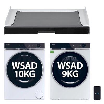 Pralka HAIER X11 HW100-B14397EU1S + Suszarka HAIER X11 HD90-BQ397U1-S z pompą ciepła 9 kg I-Refresh Pro Ultra Reverse Drum hOn Woolmark Green + Łącznik do pralek i suszarek HAIER HASTKU10B z wysuwaną szufladą Czarny