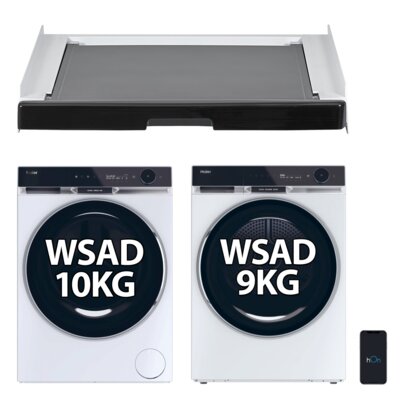 Pralka HAIER X11 HW100-B14397EU1S AI Smart Ultra Fresh Air Direct Motion Smart Dosing ABT hOn + Suszarka HAIER X11 HD90-A3Q397U1-S 9kg Zdalne sterowanie + Łącznik do pralek i suszarek HAIER HASTKU10B z wysuwaną szufladą czarny