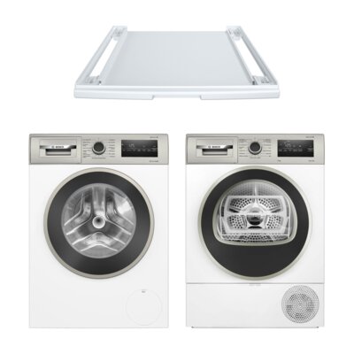 Pralka BOSCH WAN28M3SPL Serie 4 9kg 1400 obr ActiveWater Plus + Suszarka BOSCH WTH85VMSPL Serie 4 z pompą ciepła + Łącznik BOSCH WTZ27400