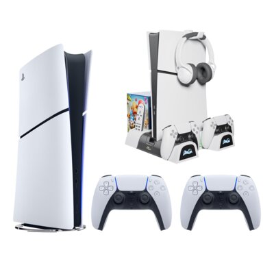 Konsola SONY PlayStation 5 Digital Slim Edition 825GB E-chassis + 2 kontrolery Dualsense + Podstawka chłodząca FROGGIEX FX-P5-C4-W do PS5 Slim