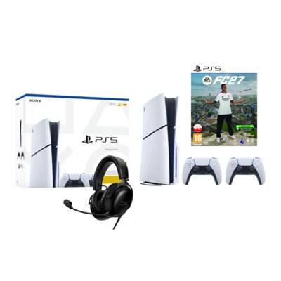 Konsola SONY PlayStation 5 Slim E-chassis 1TB + Kontroler SONY DualSense Biały + EA SPORTS FC 27 Gra PS5 + Słuchawki HYPERX Cloud III Wired Nauszne, Dźwięk przestrzenny Czarny