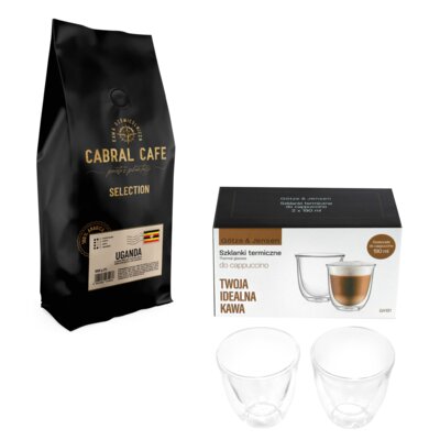 Kawa ziarnista CABRAL CAFE Selection Uganda 1 kg + Zestaw szklanek GÖTZE & JENSEN GA191 (2 sztuki)