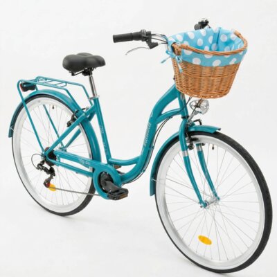 Rower miejski INDIANA Moena S7B 28 cali damski Morski + Koszyk wiklinowy na rower VÖGEL VKS-505 Stylowy + Wkład do koszyka VÖGEL VKSC705MTV Błękitno-biały