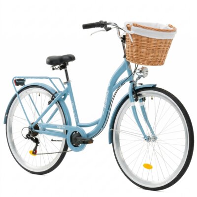 Rower miejski INDIANA Moena S7B 28 cali damski Pastelowy-błękit + Koszyk wiklinowy na rower VÖGEL VKS-505 Stylowy + Wkład do koszyka VÖGEL VKSC705W Biały