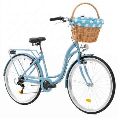 Rower miejski INDIANA Moena S7B 28 cali damski Pastelowy-błękit + Koszyk wiklinowy na rower VÖGEL VKS-505 Stylowy + Wkład do koszyka VÖGEL VKSC705MTV Błękitno-biały