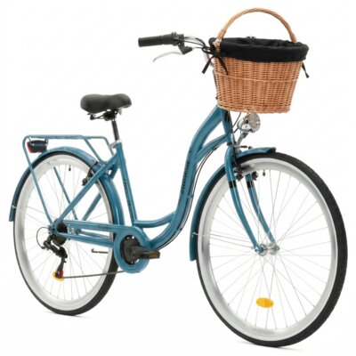 Rower miejski INDIANA Moena S7B 28 cali damski Niebieski + Koszyk wiklinowy na rower VÖGEL VKS-505 Stylowy + Wkład do koszyka VÖGEL VKSC705K Czarny