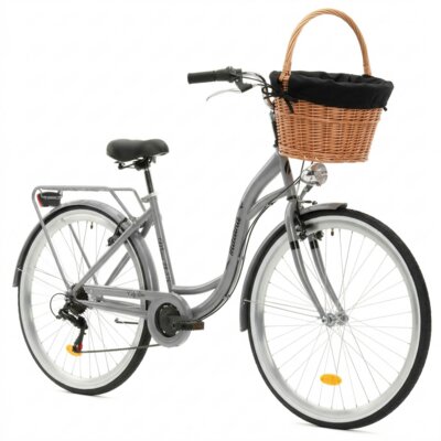Rower miejski INDIANA Moena S7B 28 cali damski Srebrny + Koszyk wiklinowy na rower VÖGEL VKS-505 Stylowy + Wkład do koszyka VÖGEL VKSC705K Czarny