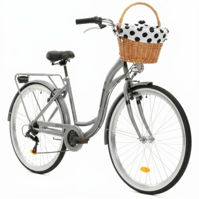 Rower miejski INDIANA Moena S7B 28 cali damski Srebrny + Koszyk wiklinowy na rower VÖGEL VKS-505 Stylowy + Wkład do koszyka VÖGEL VKSC705WK Biało-czarny