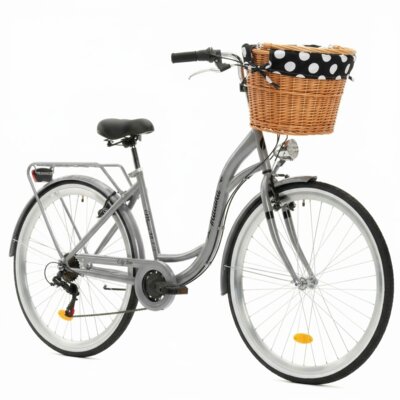 Rower miejski INDIANA Moena S7B 28 cali damski Srebrny + Koszyk wiklinowy na rower VÖGEL VKS-505 Stylowy + Wkład do koszyka VÖGEL VKSC705KW Czarno-biały