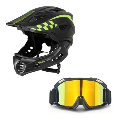 Kask rowerowy VAYOX Enduro VA0421BM Czarny Full Face z odpinaną szczęką (rozmiar M) + Gogle XRIDER XRRG001 Uniwersalne