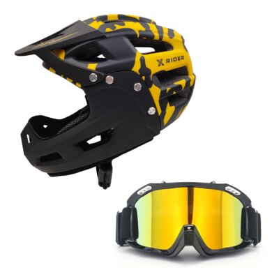 Kask XRIDER XRFH003M Czarno-żółty Full Face z odkręcaną szczęką (rozmiar M) + Gogle XRIDER XRRG001 Uniwersalne