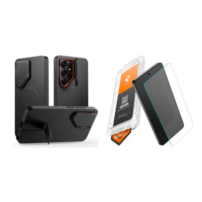 Etui TECH-PROTECT Kevlar Aura MagSafe do Samsung Galaxy S26 Ultra Czarno-pomarańczowy + Szkło hartowane SPIGEN Glas.tR EZ Fit Pro HD do Samsung Galaxy S26 Ultra (2szt.)