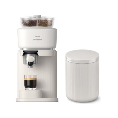 Ekspres PHILIPS Baristina BAR320/00 z zautomatyzowanym procesem mielenia i zaparzania Biały + Pojemnik na fusy PHILIPS Baristina BAR313 00 Biały