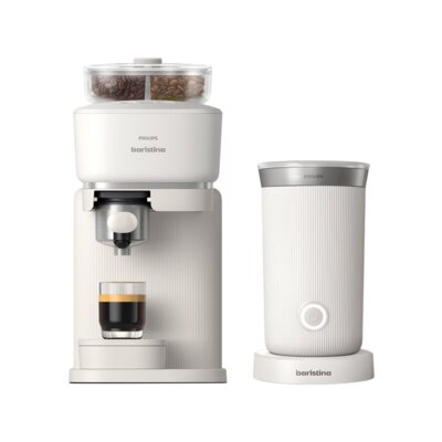 Ekspres PHILIPS Baristina BAR320/00 z zautomatyzowanym procesem mielenia i zaparzania Biały + Spieniacz PHILIPS Baristina BAR311/00 Biały