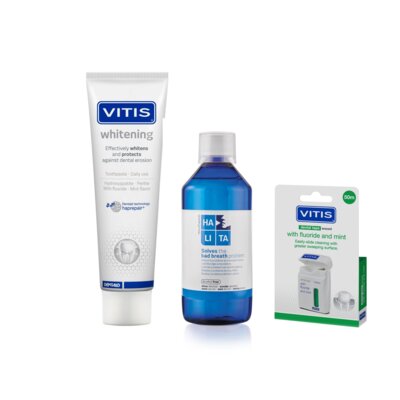 Pasta do zębów VITIS Whitening 100 ml + Płyn do płukania jamy ustnej VITIS Halita 500 ml + Nić dentystyczna VITIS Dental Tape z fluorem i miętą