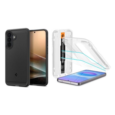 Etui SPIGEN Rugged Armor do Samsung Galaxy A57 5G Czarny matowy + Szkło hartowane SPIGEN Glas.Tr Ez Fit Pro AC do Samsung Galaxy A57 5G Przezroczysty (2 szt.)