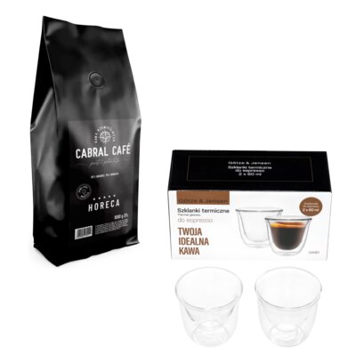 Kawa ziarnista CABRAL CAFE HoReCa 1 kg (Rzemieślnicza) + Zestaw szklanek GÖTZE & JENSEN GA061 (2 sztuki)