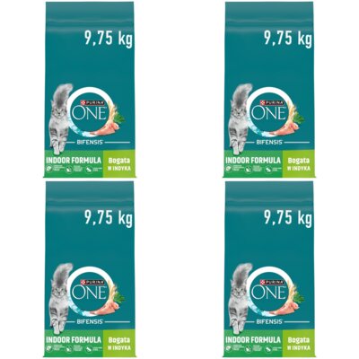 Karma dla kota PURINA ONE Indoor Formula Cat Indyk z pszenicą 4 x 9.75 kg