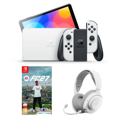 Konsola NINTENDO Switch Oled Biała + EA SPORTS FC 27 Gra NINTENDO SWITCH + Słuchawki STEELSERIES Arctis Nova 3P Bezprzewodowe, Nauszne, Dźwięk przestrzenny Biały