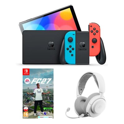 Konsola NINTENDO Switch Oled Czerwono-niebieska + EA SPORTS FC 27 Gra NINTENDO SWITCH + Słuchawki STEELSERIES Arctis Nova 3P Bezprzewodowe, Nauszne, Dźwięk przestrzenny Biały