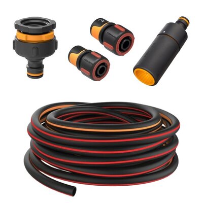 Wąż ogrodowy FISKARS 3/4 20 m Q3 1027109 + Szybkozłącze FISKARS (3 szt.) 1027051, 1027074, 1027081 + Zraszacz prosty FISKARS 1027088