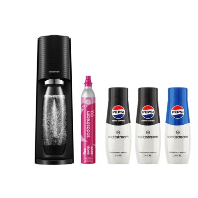 Saturator SODASTREAM Terra Czarny + Syrop do saturatorów SODASTREAM Pepsi Zero Cukru 2 x 440 ml + Syrop do saturatorów SODASTREAM Pepsi 440 ml
