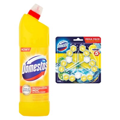 Płyn do czyszczenia toalety DOMESTOS Przedłużona Moc Citrus Fresh 1000 ml + Kostka do WC DOMESTOS Power 5 Lime 3x55g