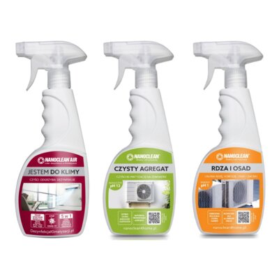 Płyn czyszcząco-dezynfekujący do urządzeń klimatyzacyjnych NANOCLEAN Air 4Home AC-89G500L Lawendowy 500 ml + Płyn do czyszczenia NANOCLEAN Czysty Agregat 4Home NK44GT500 500 ml + Płyn na rdzę i osady do klimatyzatorów NANOCLEAN Air 4Home NK55GT500 500 ml