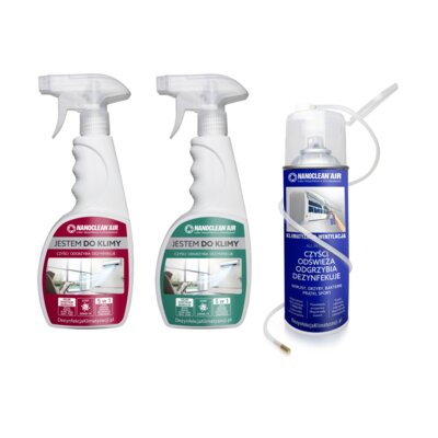 Płyn czyszcząco-dezynfekujący do urządzeń klimatyzacyjnych NANOCLEAN Air 4Home AC-89G500L Lawendowy 500 ml + NANOCLEAN Air 4Home AC-89G500K Kwiatowy 500 ml + Środek do odgrzybiania NANOCLEAN Air 520 do klimatyzacji i wentylacji 400 ml