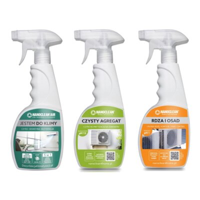 Płyn czyszcząco-dezynfekujący do urządzeń klimatyzacyjnych NANOCLEAN Air 4Home AC-89G500K Kwiatowy 500 ml + Płyn do czyszczenia NANOCLEAN Czysty Agregat 4Home NK44GT500 500 ml + Płyn na rdzę i osady do klimatyzatorów NANOCLEAN Air 4Home NK55GT500 500 ml