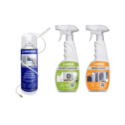 Środek do odgrzybiania NANOCLEAN Air 520 do klimatyzacji i wentylacji 400 ml + Płyn do czyszczenia NANOCLEAN Czysty Agregat 4Home NK44GT500 500 ml + Płyn na rdzę i osady do klimatyzatorów NANOCLEAN Air 4Home NK55GT500 500 ml