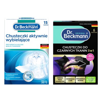 Chusteczki do prania DR BECKMANN Aktywnie wybielające (15 sztuk) + Chusteczki do prania DR BECKMANN przywracające czerń (6 sztuk)