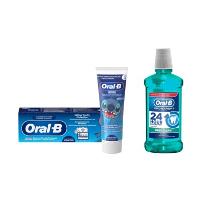 Płyn do płukania jamy ustnej ORAL-B Pro-Expert Deep Clean 500 ml (Głębokie czyszczenie) + Pasta do zębów Oral-B Junior Stitch 6-12 lat 75 ml