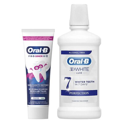 Płyn do płukania jamy ustnej ORAL-B 3D White Luxe Perfection 500 ml + Pasta do zębów ORAL-B Pro Junior 75 ml