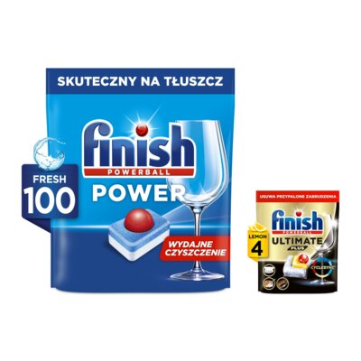 Tabletki do zmywarek FINISH Powerball Power All in 1 - 100 szt. + Kapsułki do zmywarek FINISH Powerball Ultimate Plus All In 1 Lemon - 4 szt.