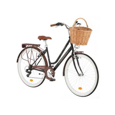 Rower miejski INDIANA Fortuna 7B D18 28 cali damski Czarny 2024 + Koszyk wiklinowy na rower VÖGEL VKS-505 Stylowy