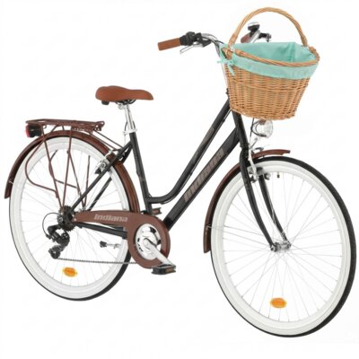 Rower miejski INDIANA Fortuna 7B D18 28 cali damski Czarny 2024 + Koszyk wiklinowy na rower VÖGEL VKS-505 Stylowy + Wkład do koszyka VÖGEL VKSC705MT Miętowy