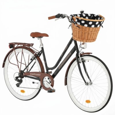 Rower miejski INDIANA Fortuna 7B D18 28 cali damski Czarny 2024 + Koszyk wiklinowy na rower VÖGEL VKS-505 Stylowy + Wkład do koszyka VÖGEL VKSC705KW Czarno-biały