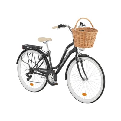Rower miejski INDIANA Impala 7B 28 cali damski Czarny 2024 + Koszyk wiklinowy na rower VÖGEL VKS-505 Stylowy