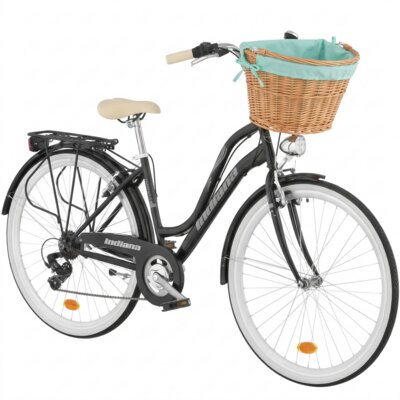Rower miejski INDIANA Impala 7B 28 cali damski Czarny 2024 + Koszyk wiklinowy na rower VÖGEL VKS-505 Stylowy + Wkład do koszyka VÖGEL VKSC705MT Miętowy